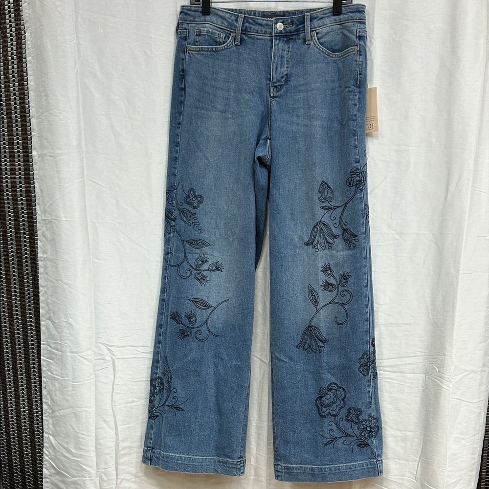 NYDJ Teresa Blue Floral Embroidered Wide Leg Jeans - Picture 2 of 11